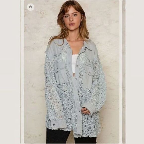 POL Oversized Lace Gauze Button Down Shirt Size S Boho Hippie Casual - Picture 1 of 10